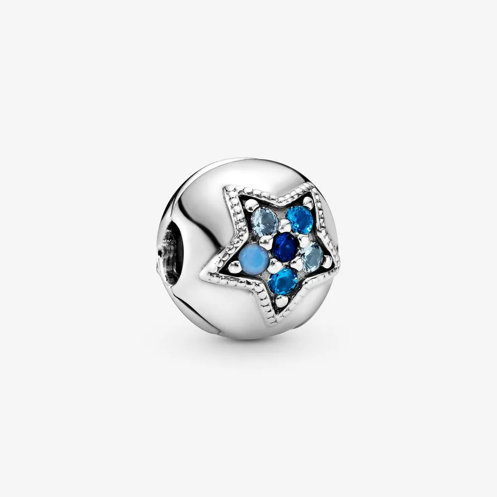 Fascino con clip a forma di stella blu brillante in argento sterling 100% 925, adatto per braccialetti europei originali, accessori per gioielli di moda