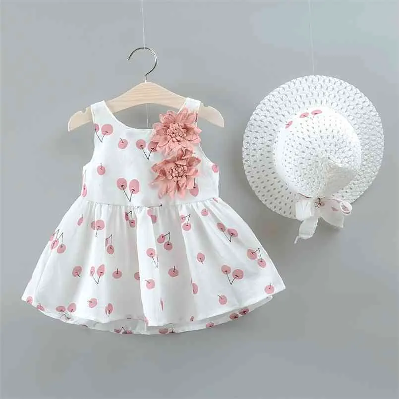 2 peças bebê / criança fruta maçã cereja allover flor vestido applique e chapéu conjunto 210528