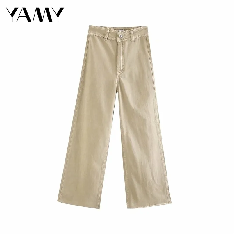 ZA Spring Autumn Women's Jeans Simple Casual High Waist Trousers Beige Wide Leg Pant Fashion Mujer Pantalones 210809