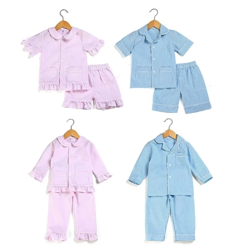 Summer Spring Kids Piżamy Zestawy 100% Bawełna Seersucker PJS Toddler Sleepwear Girls Boys Sleepwear 211023