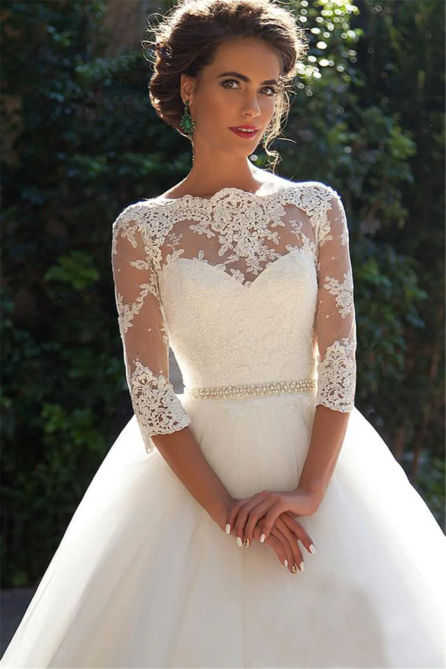 Bateau 3 4 Long Sleeves Pearls Tulle Princess Cheap Bridal Ball