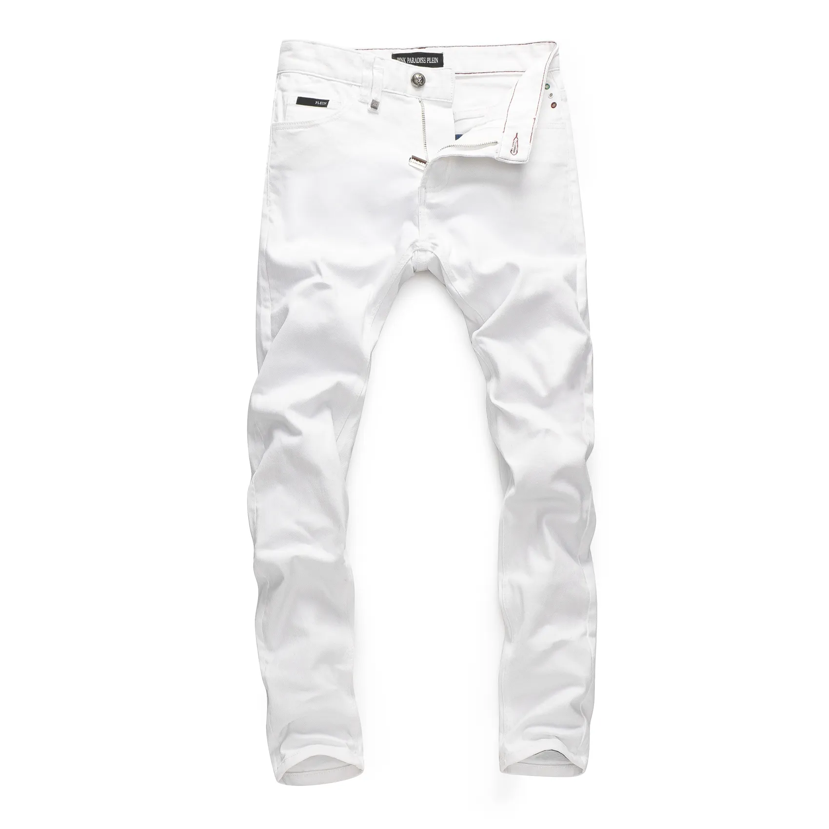 PINK PARADISE PLEIN Clássico Moda Homem Jeans Rock Moto Masculino Design Casual Jeans Rasgados Jeans Skinny Envelhecido Biker PLEIN Jeans Branco 157492