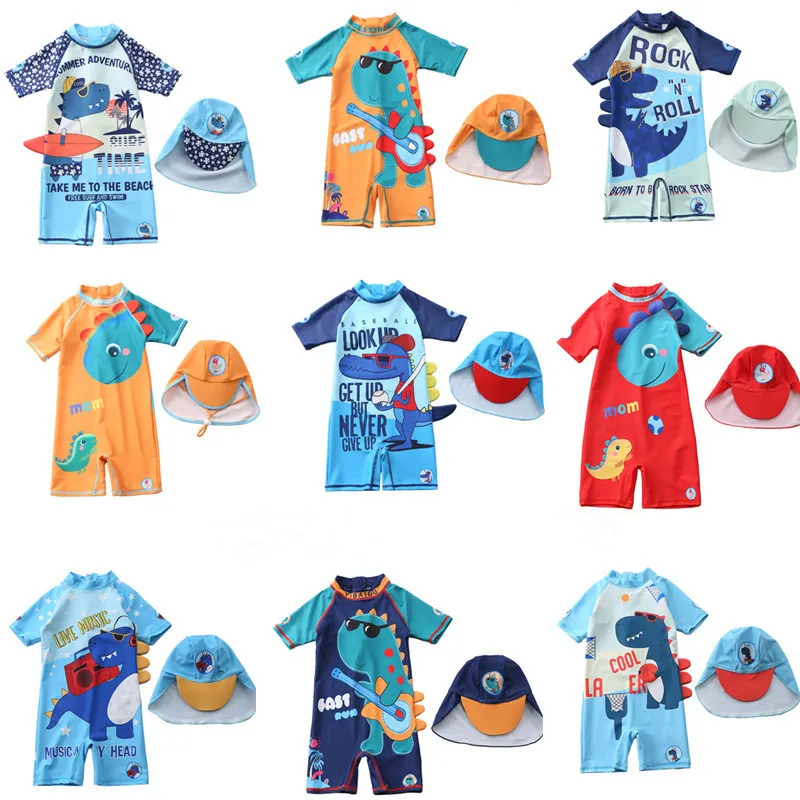 12 여름 수영복 소년 원피스 수영복 모자와 함께 귀여운 동물 인쇄 아기 반바지 보드 옷 아이들