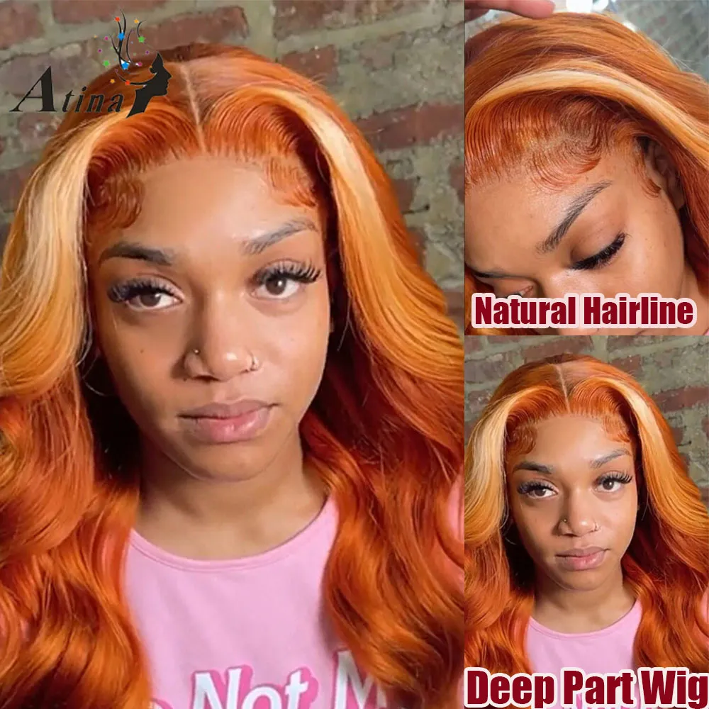 Lange honigblonde Spitze-Frontal-Echthaar-Perücke, Ombre-Ingwer-Orange, volle Vorderseite, Highlight, 28 30 Zoll, synthetische tiefe Wellen-Perücken