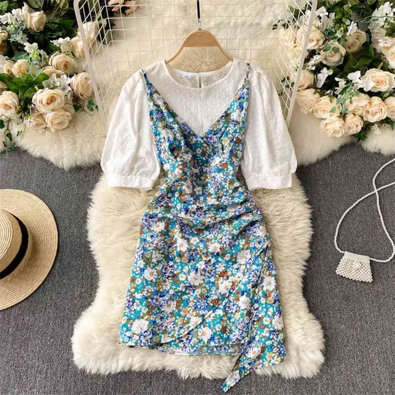 Sommarkvinnor 2 stycken Set Koreansk Fashion Short Puff Sleeve Broderi Lace Shirt och Floral Print Mini Dress Suits Chic 210603