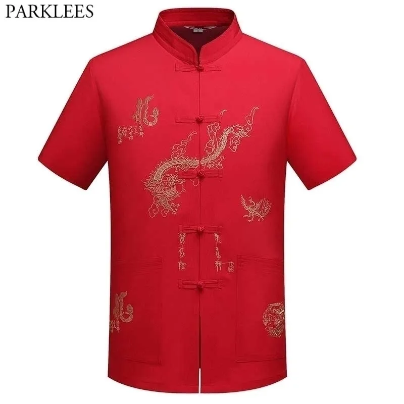 Chinese Dragon Embroidery Tang Linen Shirt Men Mandarin Collar Hanfu Shirts Mens Tai Chi Wushu Outfit China Shirt Clothing Red 210522