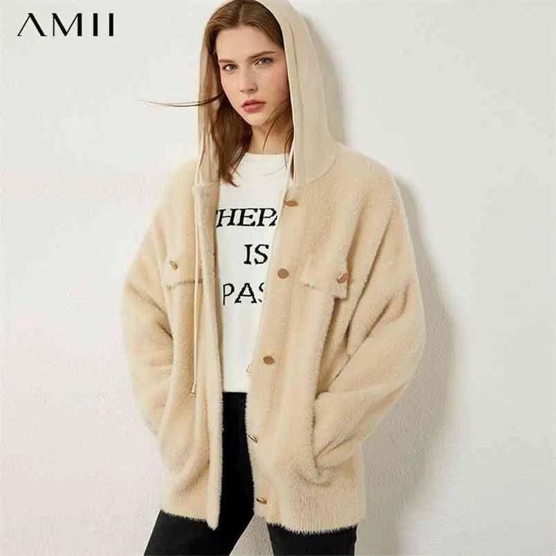 ミニマリズム冬コート女性ファッションフード付きソリッドミンクフリースジャケット因果厚い女性女性12070453 210527