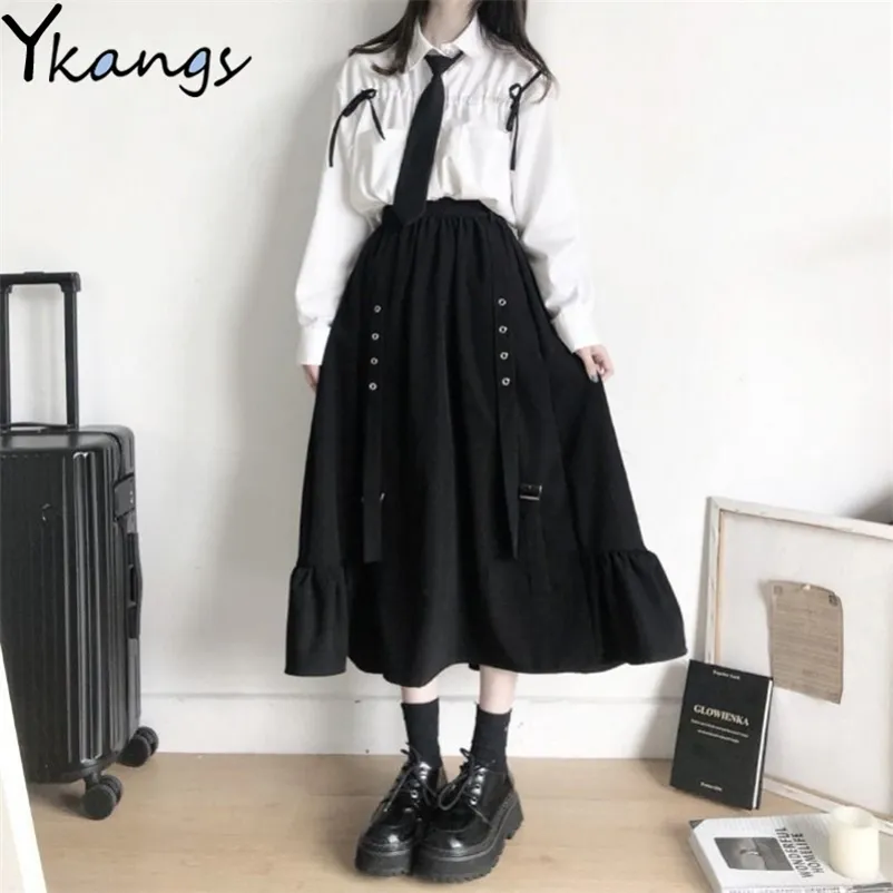 Korean Fashion Women A-Line Skirts Vintage Streeetwear Long Sleeve Shirts With tie 3 Piece Outfits Japanese Ulzzang Suits Set 210421