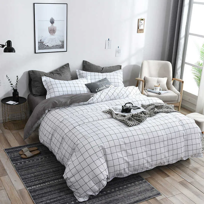 Plaid Bedding Sets Sängkläder Hem Textil Black Printed Duvet Cover Pillowcase Sheet Simple Boy Girls 3 / 4PCS Single Double 210615