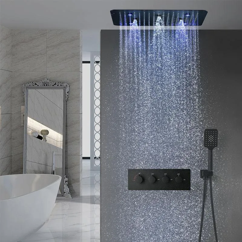 Ванная комната для душа для ванной комнаты Rain Systems Светодиодная головной термостатический клапан Ванна Смеситель для ванны Нажмите встроенный потолочный набор из нержавеющей стали