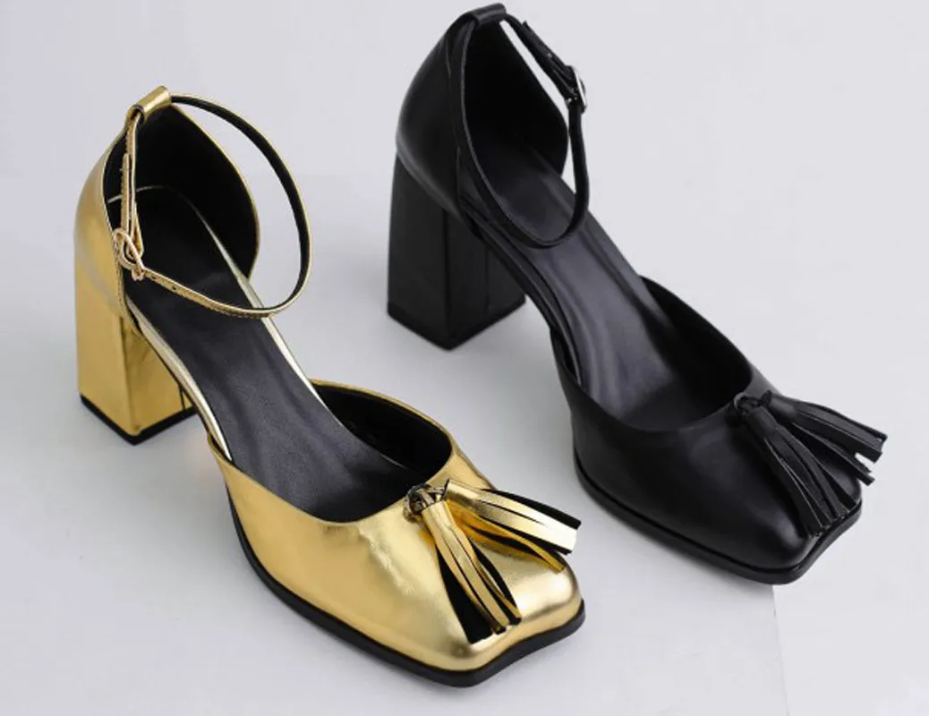 2021 schapenvacht lederen vierkante 8 cm chunky hoge hakken jurk schoenen pumps vleugel tenen gesp kwastjes retro franje mary jane party bruiloft maat 34-42 goud zwart