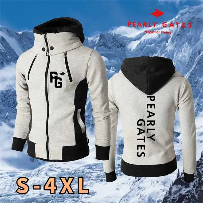 Men's Autumn and Winter Pearly PG Golf Print Jacket Warm Windproof Double Zipper Design Men Hooded Turtleneck Coat 211217