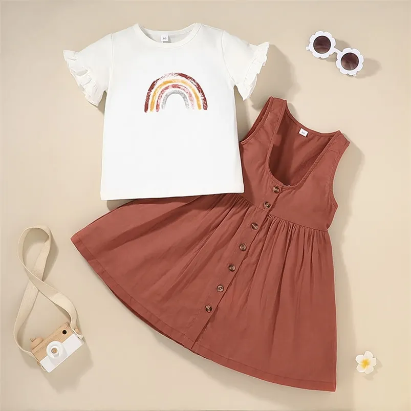 Sommarbarn sätter kortärmad O Neck Print Rainbow T-shirt Enstaka bröstbrun kjol 2pcs Girl Boys Clothes 1-8T 210629