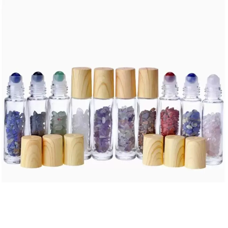 10 ml heldere glazen rol op de parfumfles met natuurlijke kristallen kwarts steen kristallen bal hout graan dekking etherische ol fles