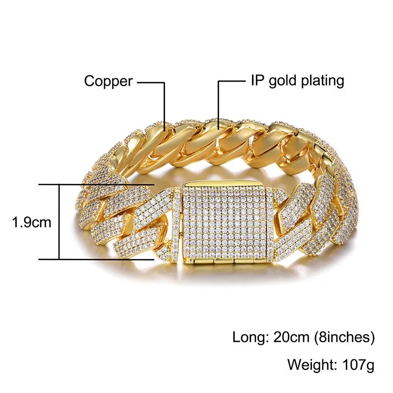 Chaîne à maillons Hip Hop 19MM 3 rangées de broches cubaines lourdes Bling Iced Out Box Buckle Cubic Setting Cubic Zirconia Bracelet pour hommes Jewelr216y