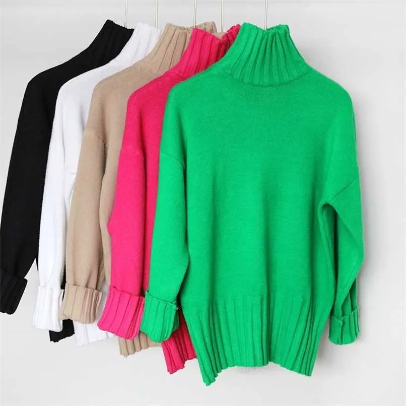 Autumn Winter Green Turtleneck Pullover Sweater Women High Quality Plus Size Knitted Sweaters Jumpers Soft White Sweater 211218