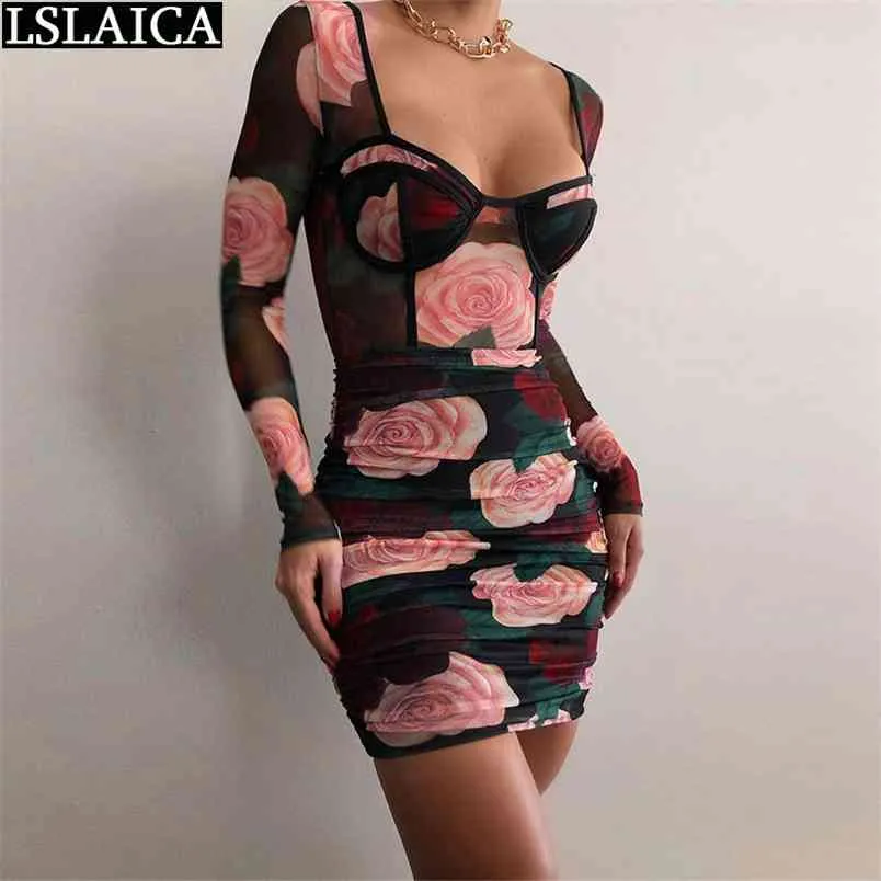 Sexig klänning för sex natt Skinny Club Casual Fashion Sale es Women Mesh See Through Rose Printing 210515