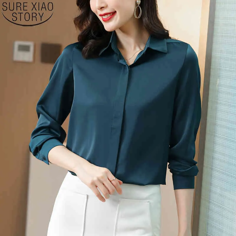 Spring Silk Shirt Women Turn Down Collar Loose Office Lady Long Sleeve Satin Blouse Clothes Plus Size Tops 12793 210417