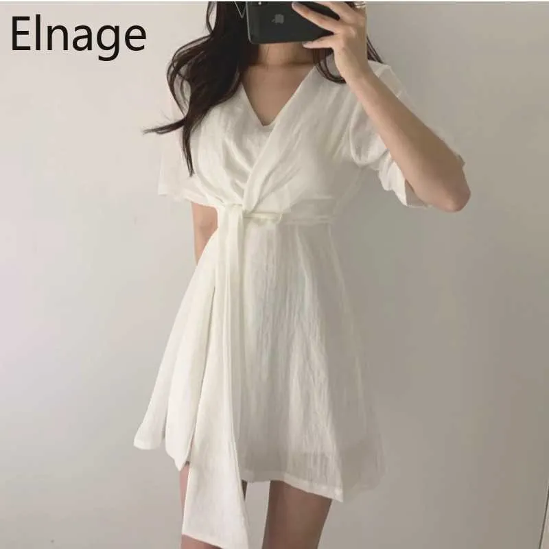 Korean Summer Women Dress Vintage V Neck Short Sleeve White Mini Dress Lady Office Elegant Dresses Lace Up Slim Vestidos 210610