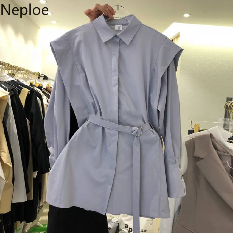 Neploe Spring Fake Two Piece Blouse Women Lace-up Solid Color Shirts Korean Temperament Blusas Slim Fit Fashion Long Sleeve Tops 210422