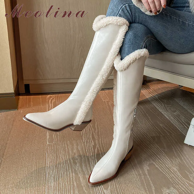 Meotina Talon Haut Western Bottes Femmes En Cuir Véritable Genou Bottes Hautes Talon Chunky Bottes Longues Zip Bout Pointu Dames Chaussures Blanc 210608