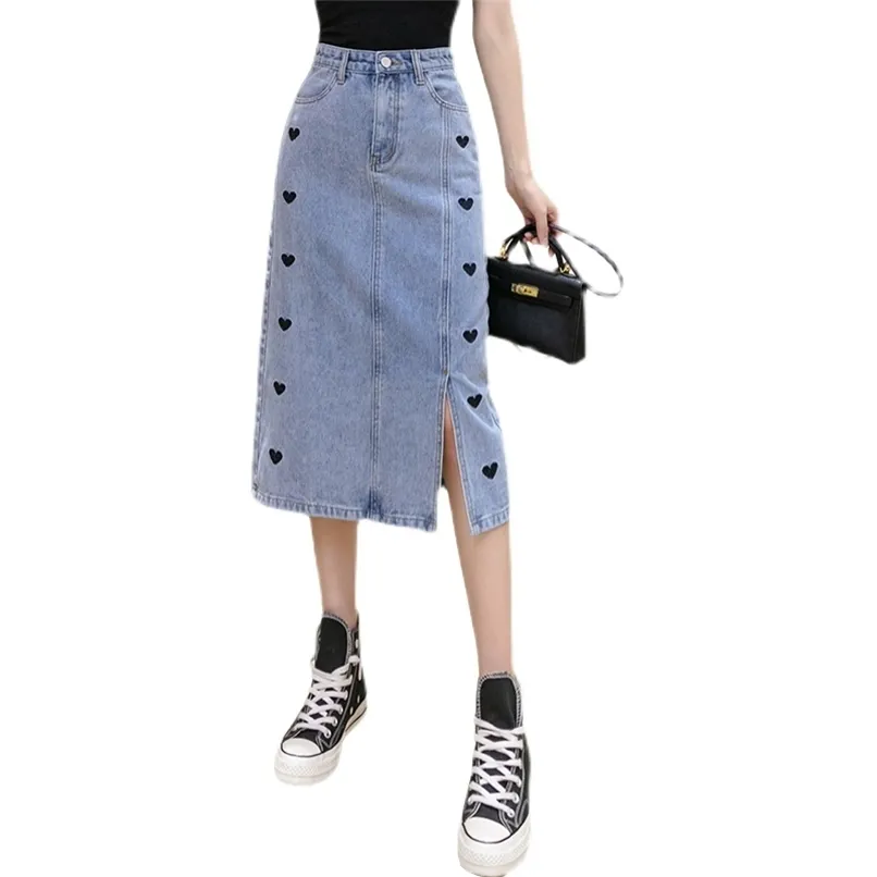 Fashion Women's Denim Skirt Spring/Summer Style Bottom Angle Split Love Embroidered All-match 210520