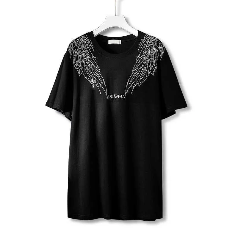 Verão Phoenix Padrão Quente Diamantes De Manga Curta T-shirt Mulheres 2021 Novo Estilo Coreano Loose Plus Size Casual Long Tops Feminino X0628