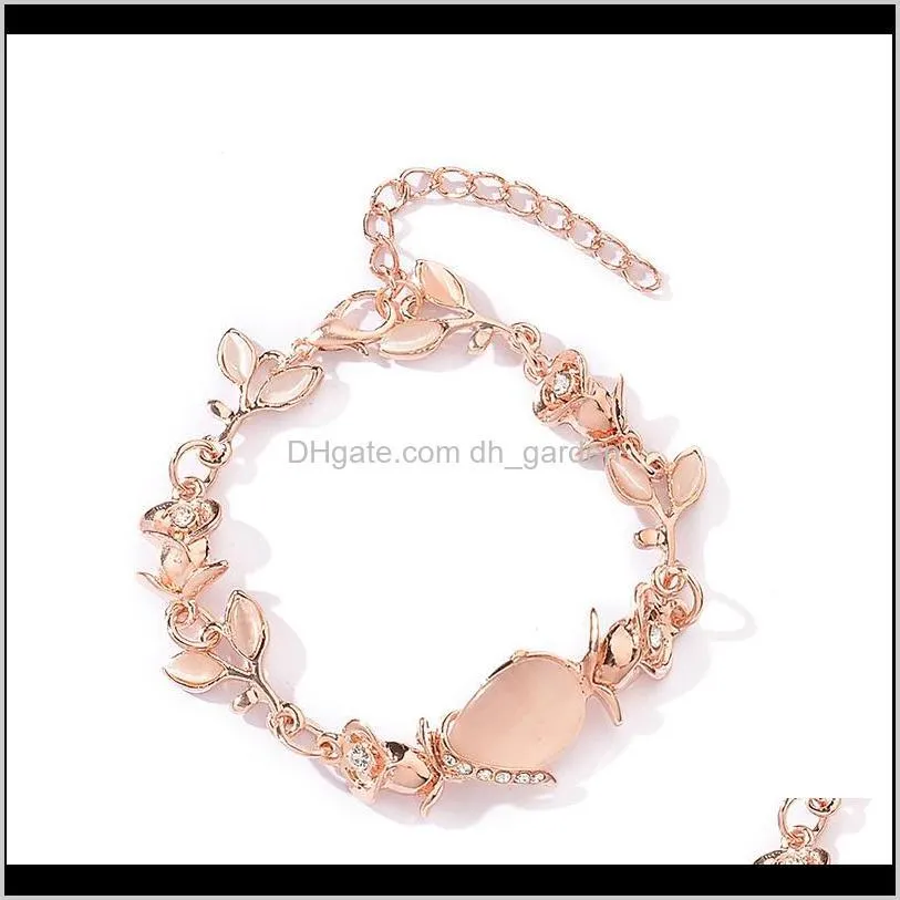 Link, Chain Drop Delivery 2021 Women Fashion Bridal Jewelry Flower Opal Leaf Charm Rose Golden Color Leave Crystal Statement Bracelets & Bang