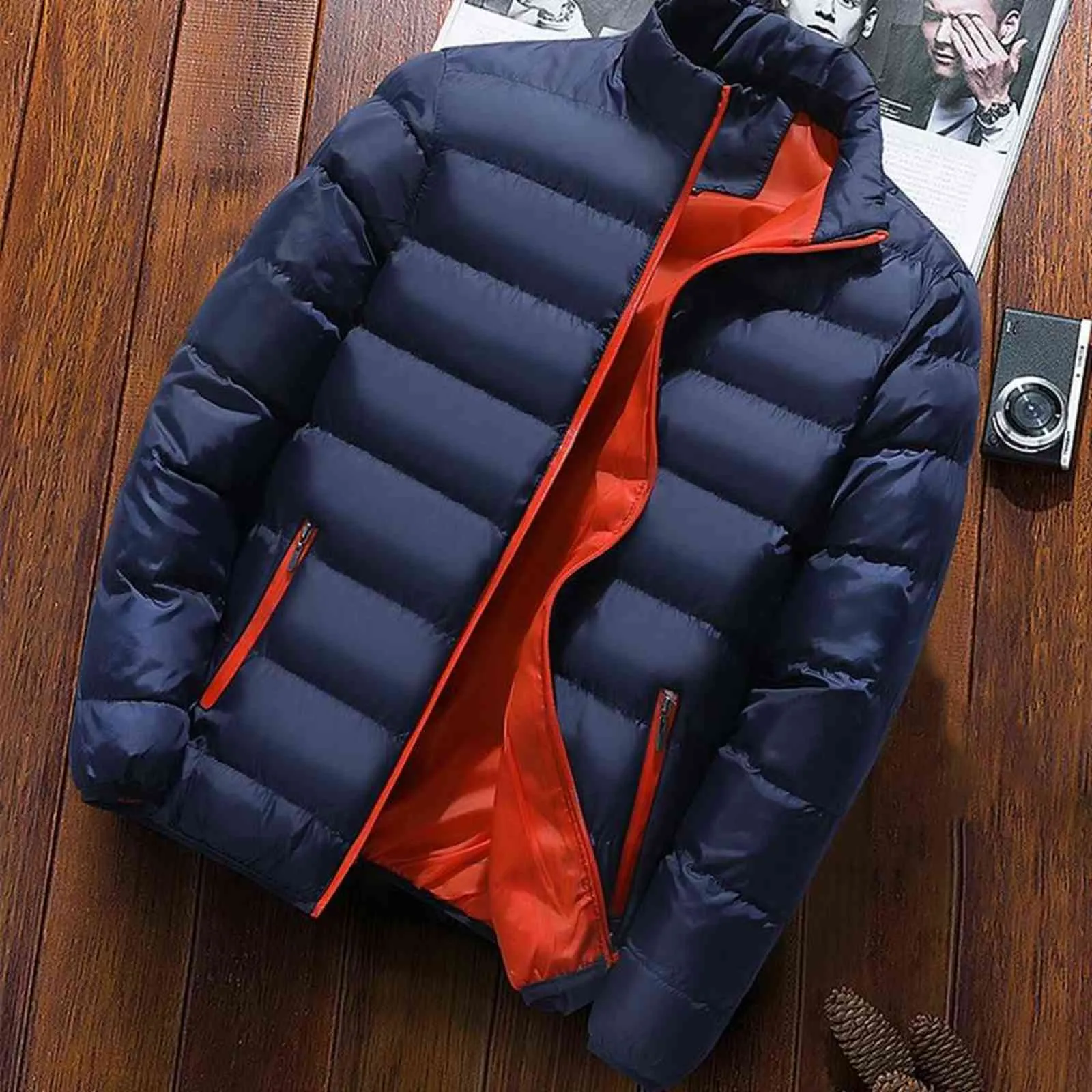 2021 Män Windbreaker Warm Tjock Parka Jackor Mäns Quilted Padded Puffer Casual Zip Up Winter Bomber Stand Collar Coats Outwear G1108