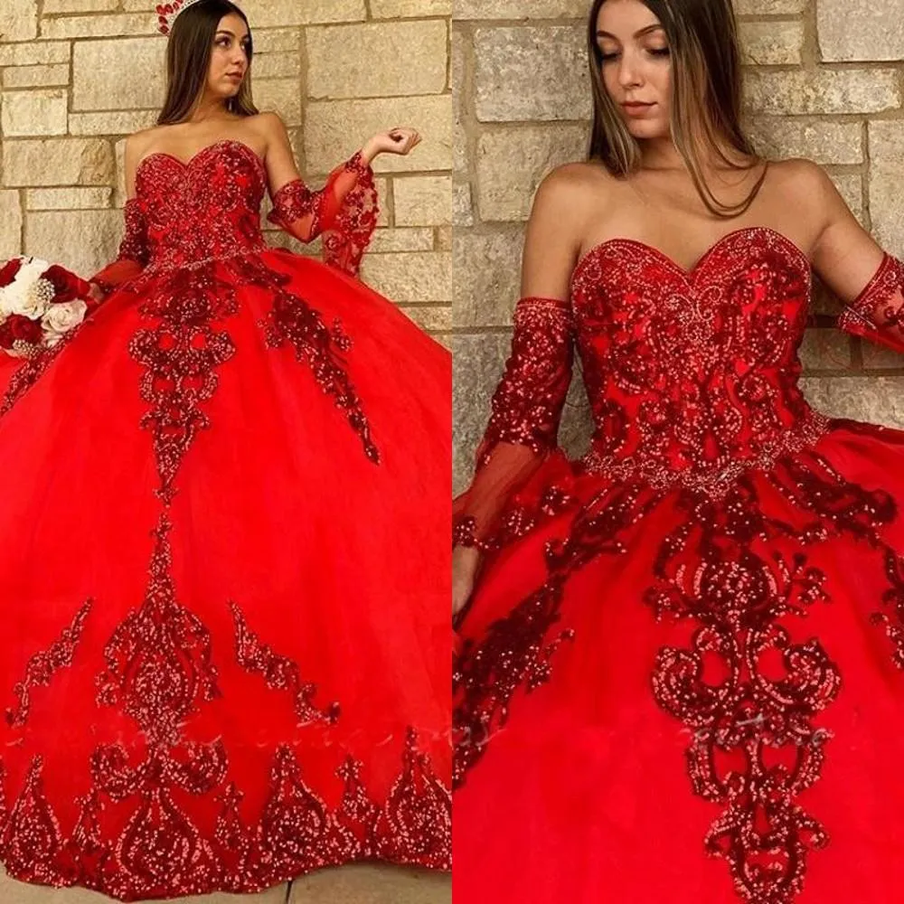 Röd paljetterad spets quinceanera klänningar bollklänning kristallpärlor paljetter älskling med ärmar rufsar korsett bakparty klänning prom afton klänningar svep tåg