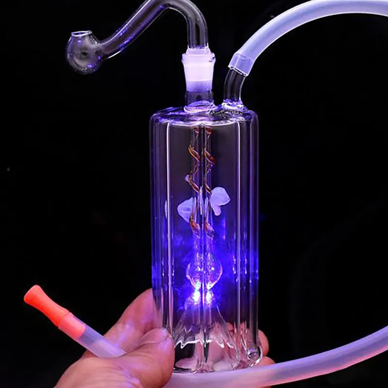 LED Glow Hookahs Dab Oil Rig Handcraft Glass smoking Pipe Lights Bongs Hookah Tobacco Ash Bowl Portable Shisha Oil Percolater Bubbler Water Pipes Whole Set Wholesale