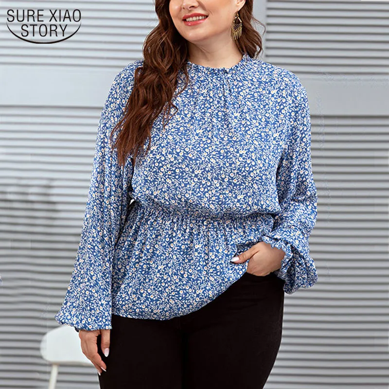 Spring and Autumn Blue Floral Print Women's Shirts Loose Casual Fashion Temperament Plus Size Blouse for Girl 12751 210508
