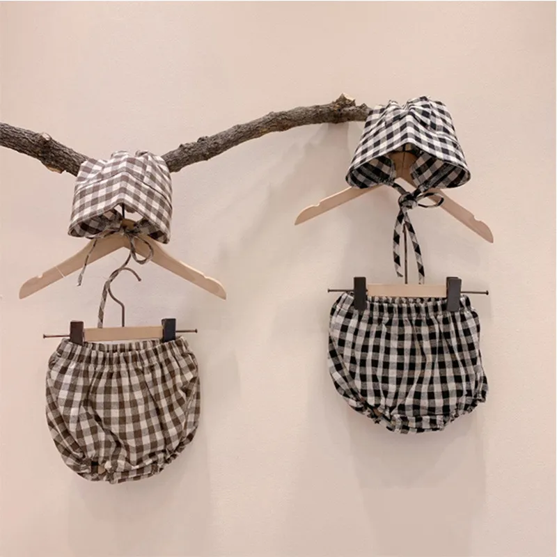 Newborn Infant Baby Fashion Summer New Boy Boy Girl Plaid Pattern Pattern Niño Niño Pant Pant + Sombrero de celosía 2pcs Set 210413