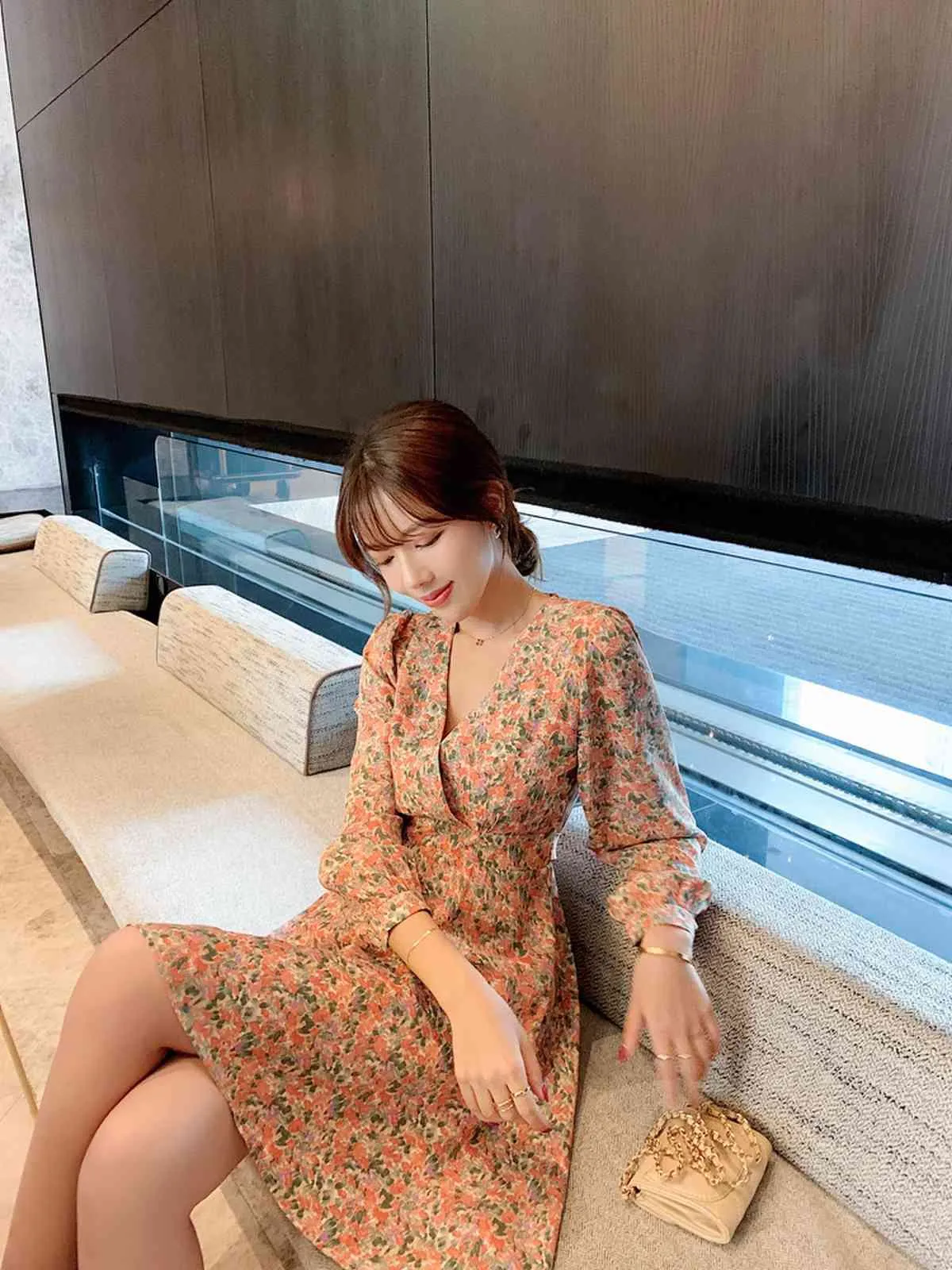 【新品タグ付】Belle Jardin Chiffon Dress Spring And Summer Sundresses Womens Chiffon Floral Dress With V