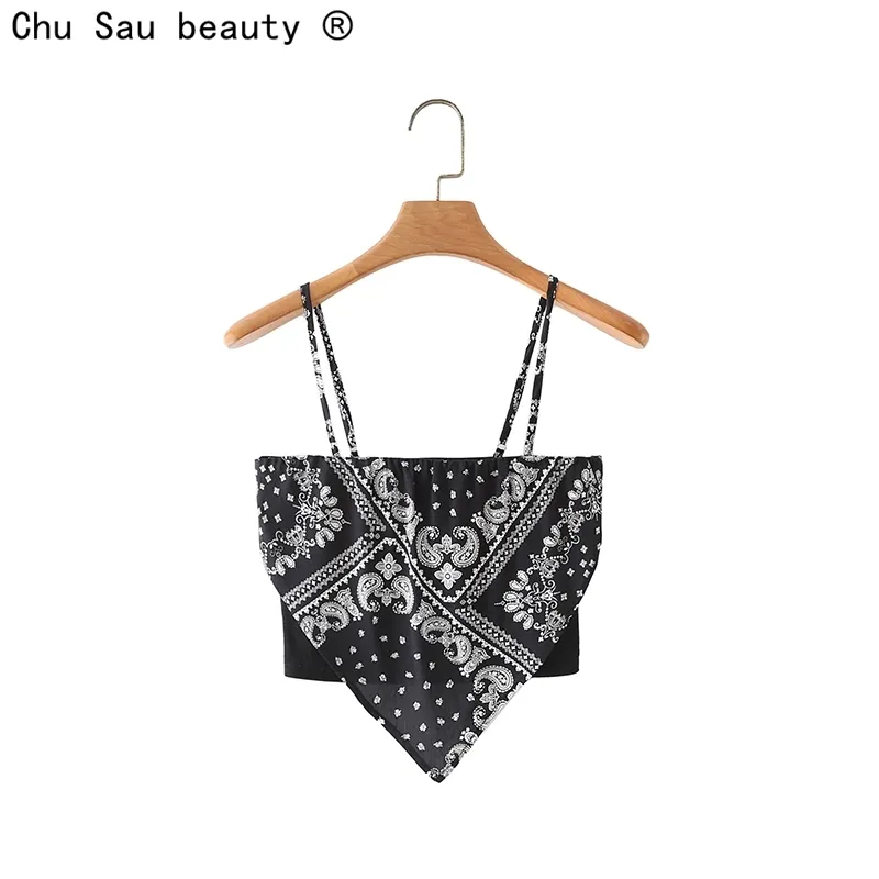 Chic Cool Sexy Black Scarf Cashew Flower Print Camisole Female Spring Summer Girl Top Fashion 210514