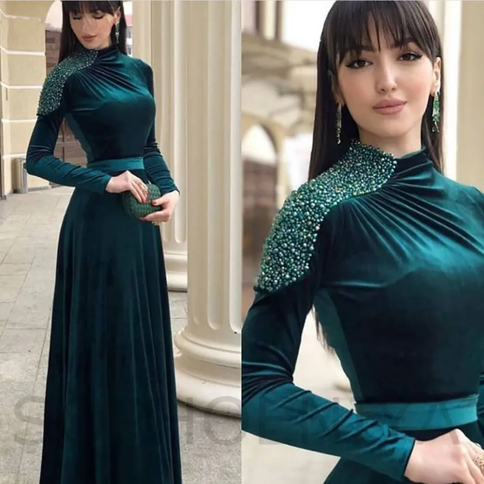 New Arrival A-Line Long Sleeve Evening Dresses 2021 Velvet Dubai Arabic Evening Gowns Prom Party Gown Dress For Women Vestidos Elegantes