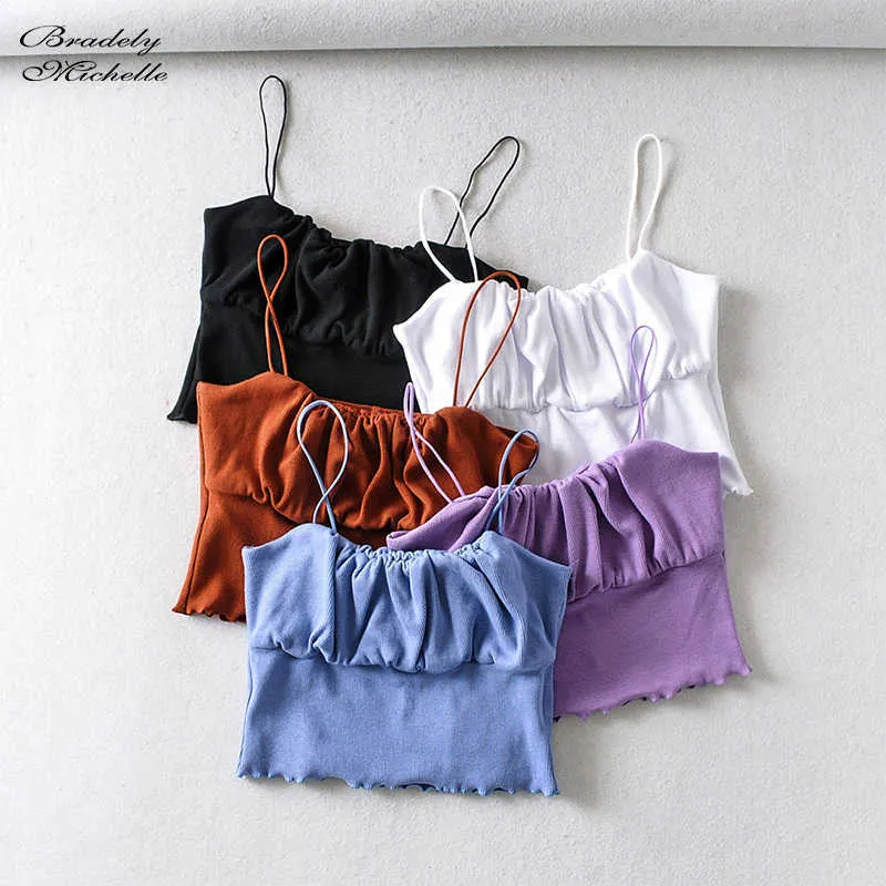 Bradely Michelle Summer Mode Sexy Dames Crop Tops Mouwloze korte Midriff-Baiing Fold Solid Cotton Camis 210616
