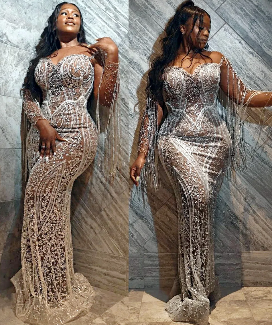 2021 Plus Size Arabisch ASO EBI Luxe Zilveren Mermaid Prom Jurken Beaded Lace Sheer Neck Avond Formele Partij Tweede Receptie Jurken Jurk ZJ660