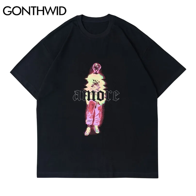 Tshirts Streetwear Creative Character Skriv ut Kortärmad T-shirts Mens Hip Hip Hipster Loose Bomull Casual Toppar 210602