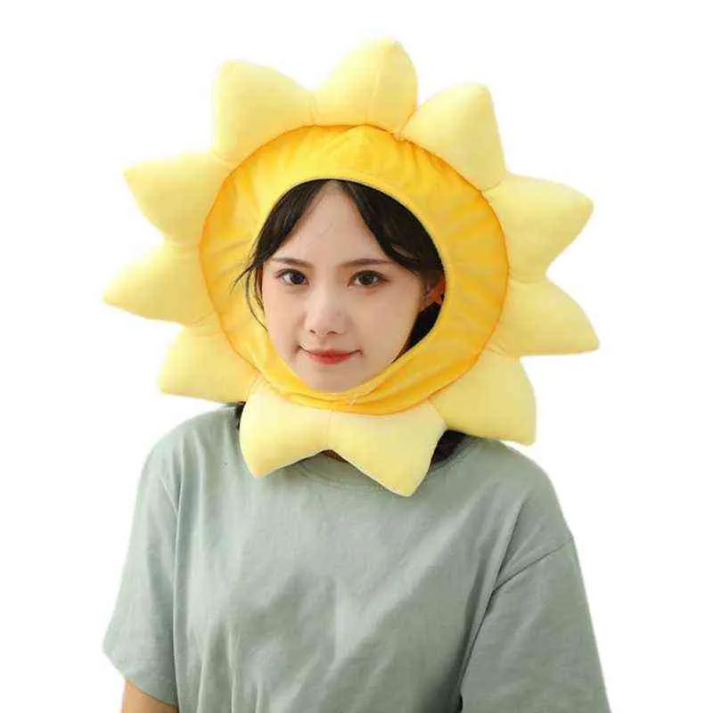 Kawaii tecknad gul solros plysch hatt rolig fylld leksaker huvudbonad varm beanie earflap cosplay party rekvisita y21111