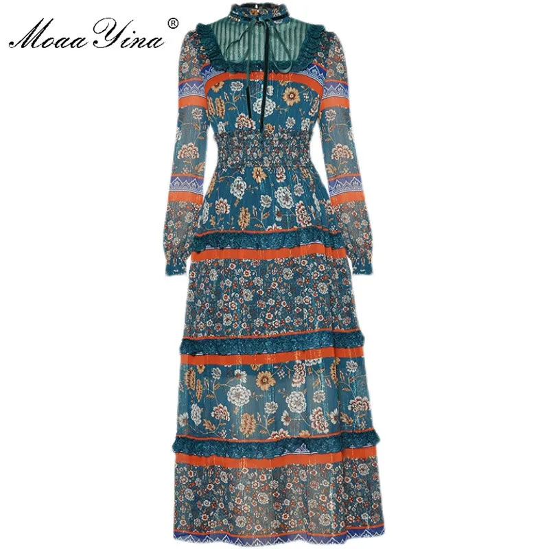 Modedesigner klänning Vår Dam Klänning Långärmad Spets Mesh Lurex Elastisk midja Vintage Blommönster Klänningar 210524