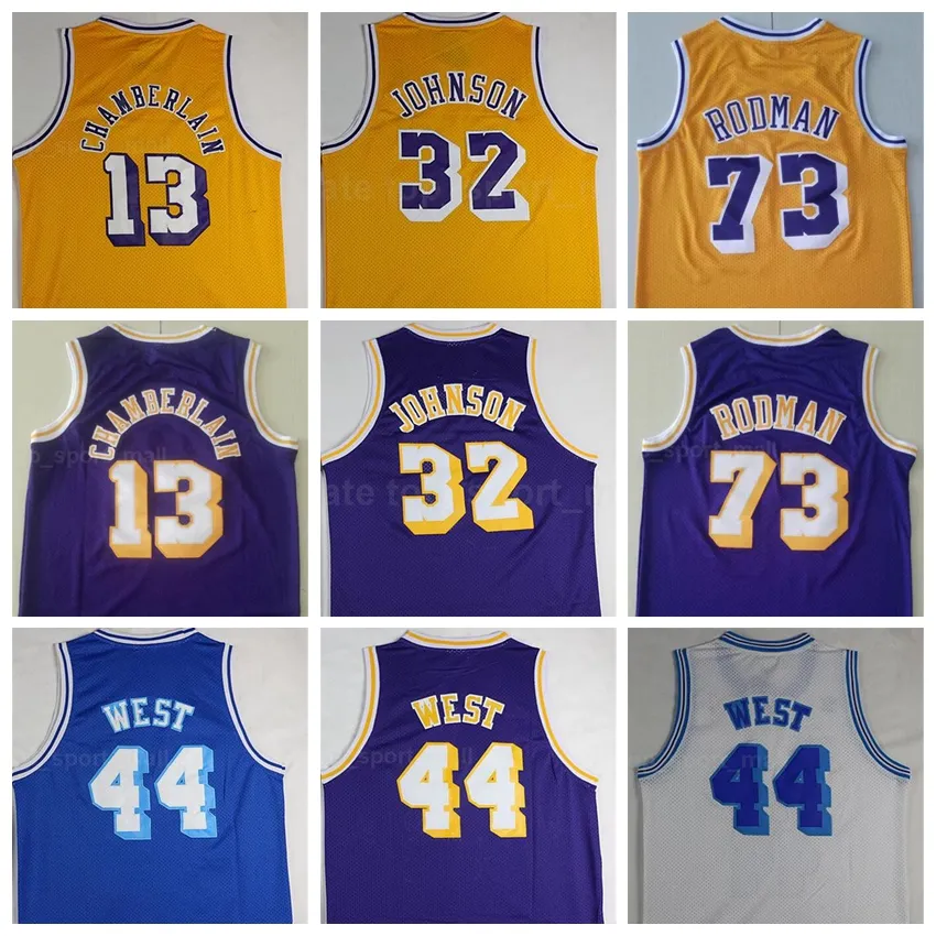 Men Vintage Basketball Wilt Chamberlain Jersey 13 Dennis Rodman 73 Jerry West 44 Artest Worthy Johnson 32 Stitched Yellow Purple