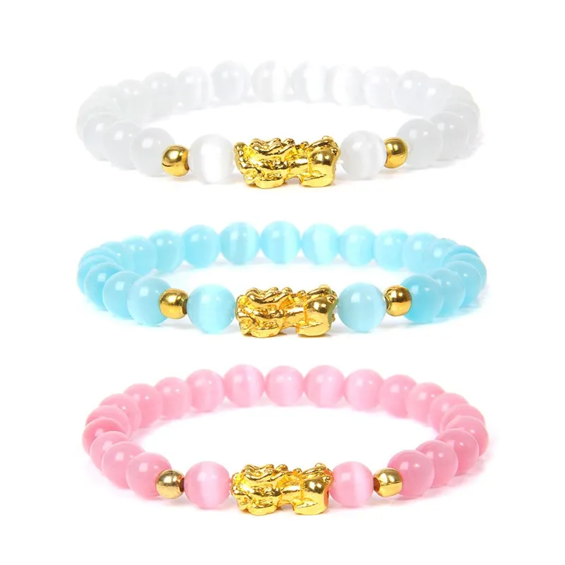 Blau, rosa, weiß, für Herren und Damen, Unisex, goldfarbenes Metall-Charm-Armband, Katzenauge-Armbänder mit Glassteinperlen