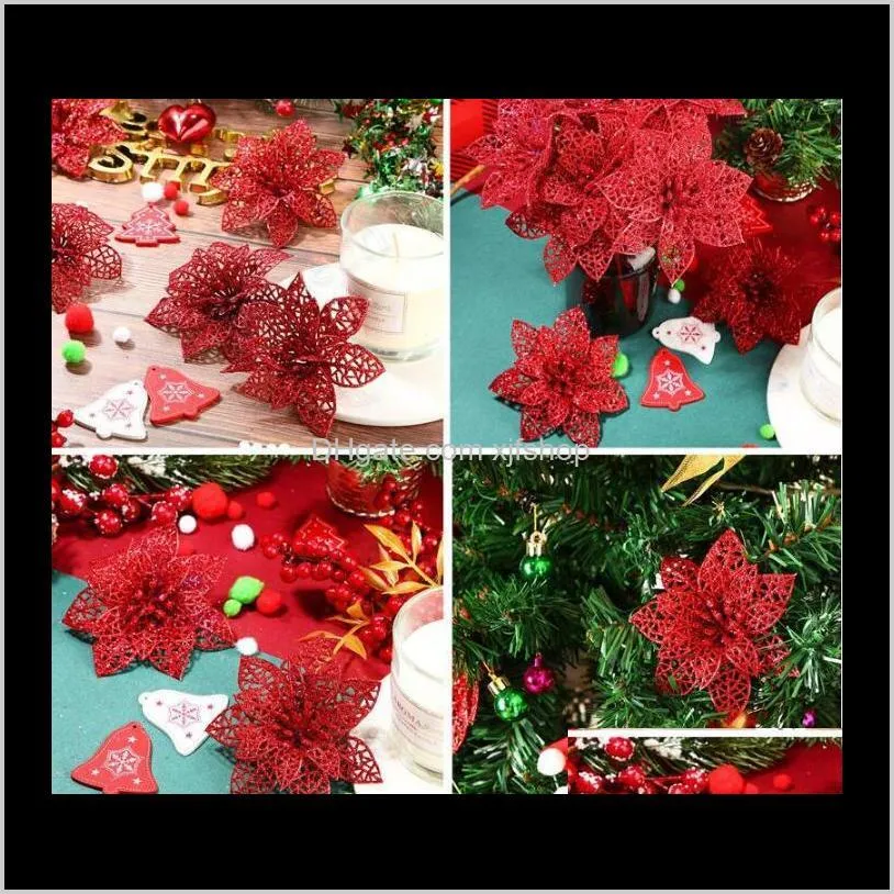 artificial wedding christmas flowers glitter poinsettia christmas tree ornaments 3.9inches 10cm artifical flower shipping