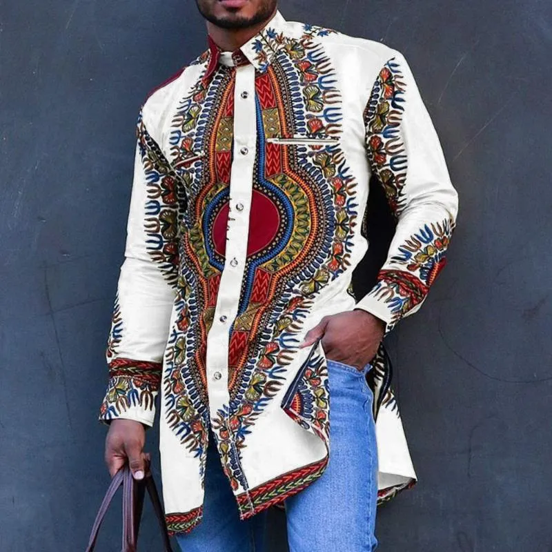 Chemises occasionnelles pour hommes Noir African Dashiki Imprimer chemise Hommes 2021 Mode Hip Hop Streetwear Afrian Vêtements Slim Fit Manches Longues Manches