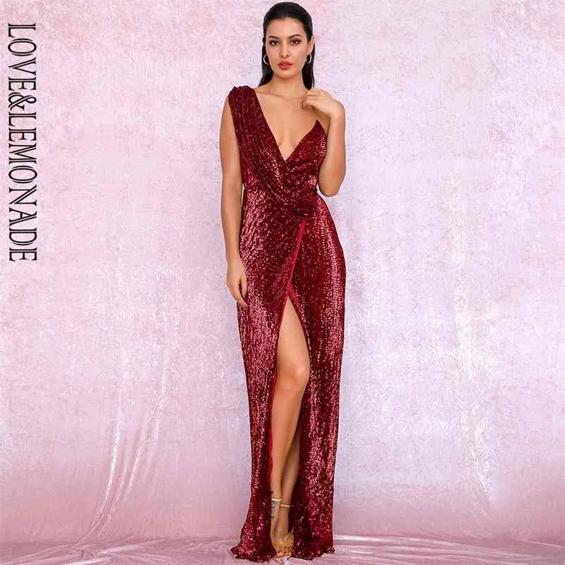 LoveLemonade Sexy Deep Red Deep V-образным вырезом в сплит блестки Partins Maxi платье LM81849 210331