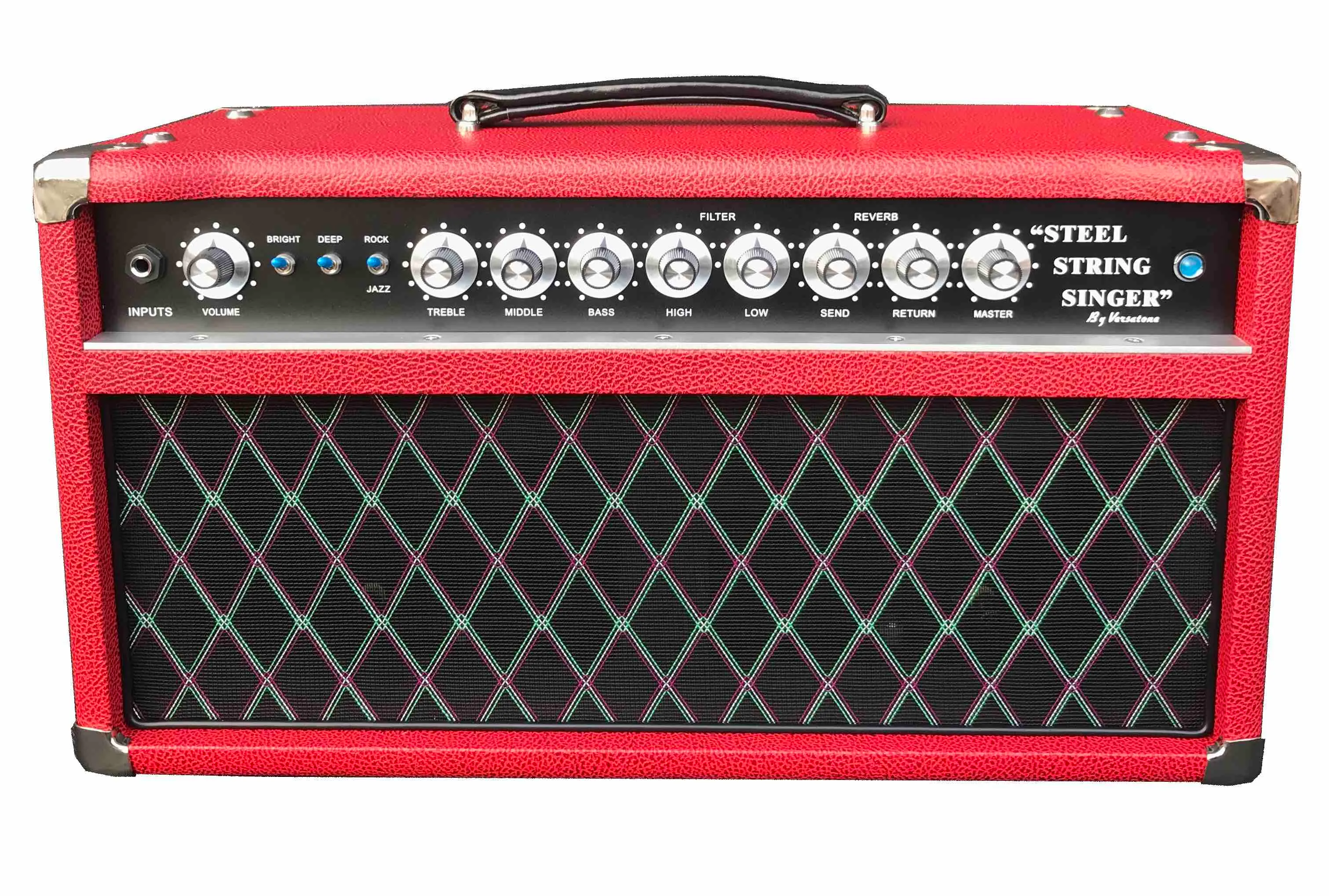 Custom Grand Tone SSS Steel Stringer Singer Guitar Amp Head med Red Tolex Anpassad Faceplate OEM 100W