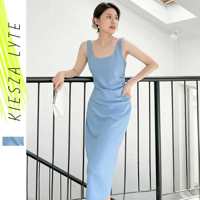 French Dress Lady Summer Thin Square Neck Fold Waist Office Elegant Sexy & Club Blue Midi Dresses Robe 210608