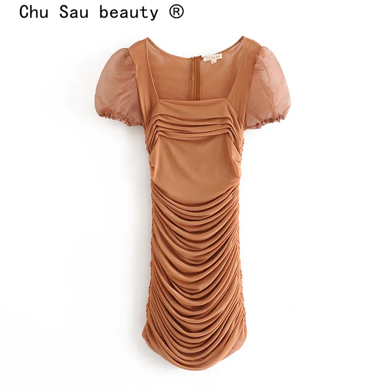 Чу Сау красота моды вечеринка стиль глубокий квадратный воротник мини платье женщин повседневная слоеная рукава плотные сексуальные летние женские платья 210508