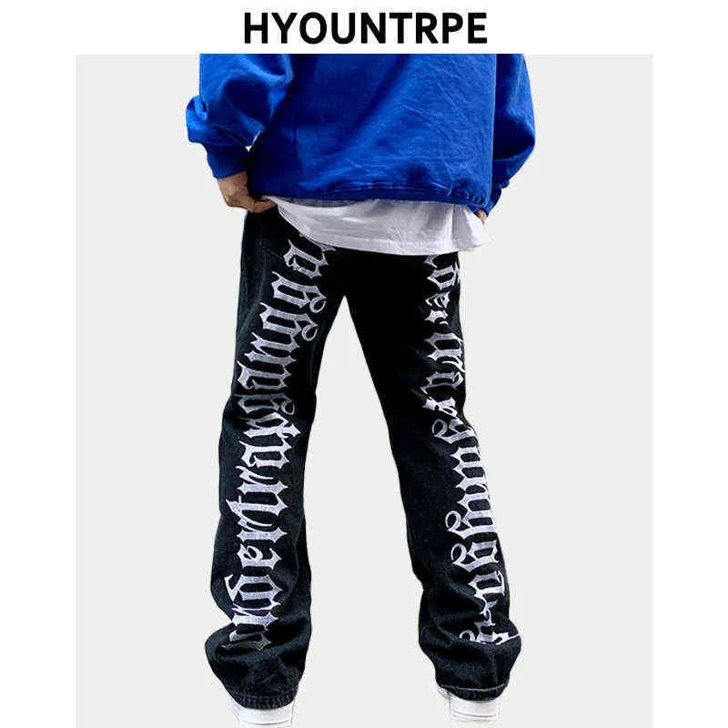 Mode Back Letters Borduurwerk Denim Flare Jeans Mens Rits Rechte Broek Hip Hop Vernietig Gaten Streetwear Broek Joggers 211120